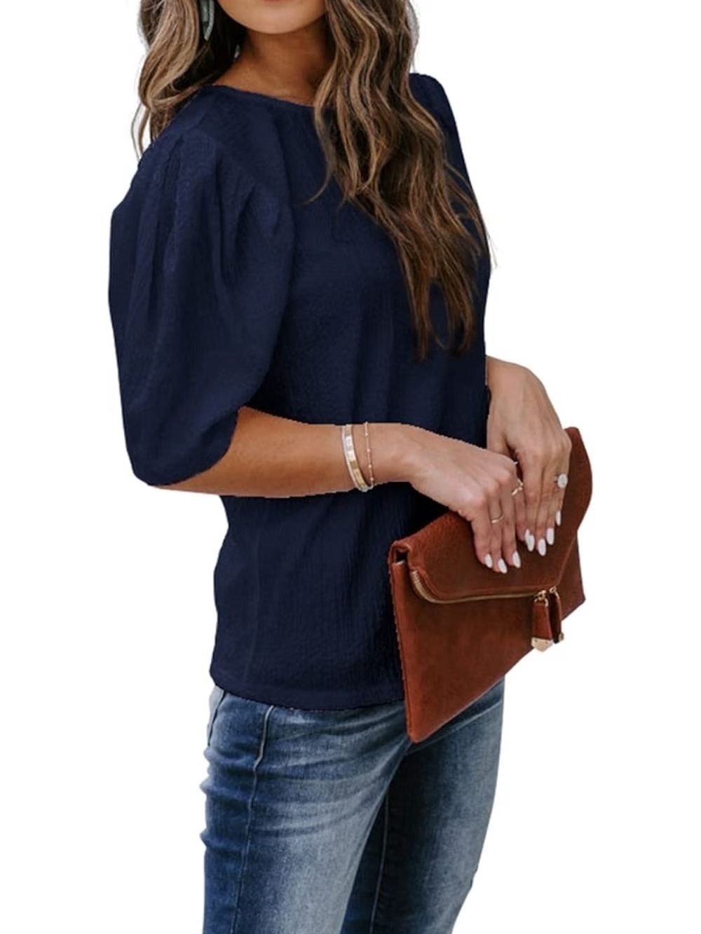 Women's Navy Puff-Sleeve Blouse - Elegant Everyday Top